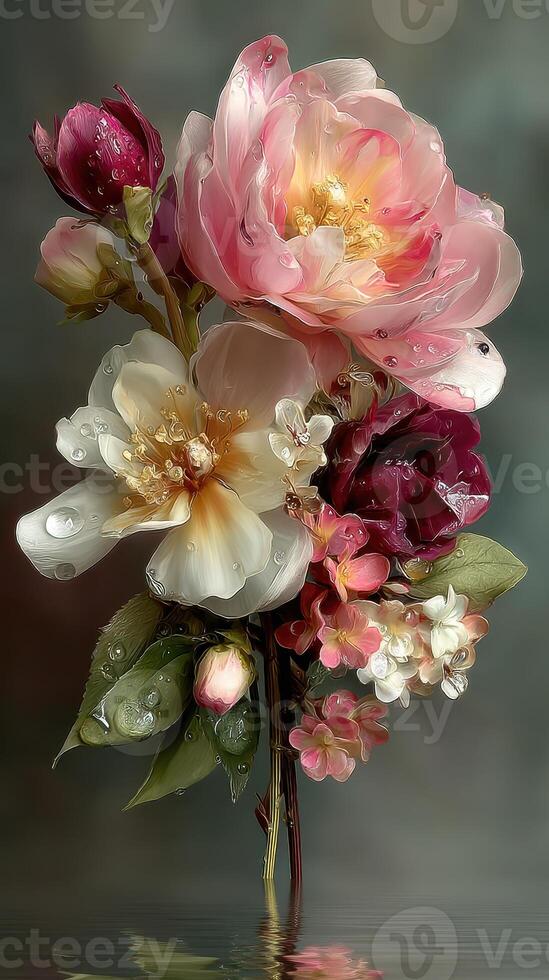 Beautiful bouquet of roses and peonies with raindrops against a soft backdrop photo