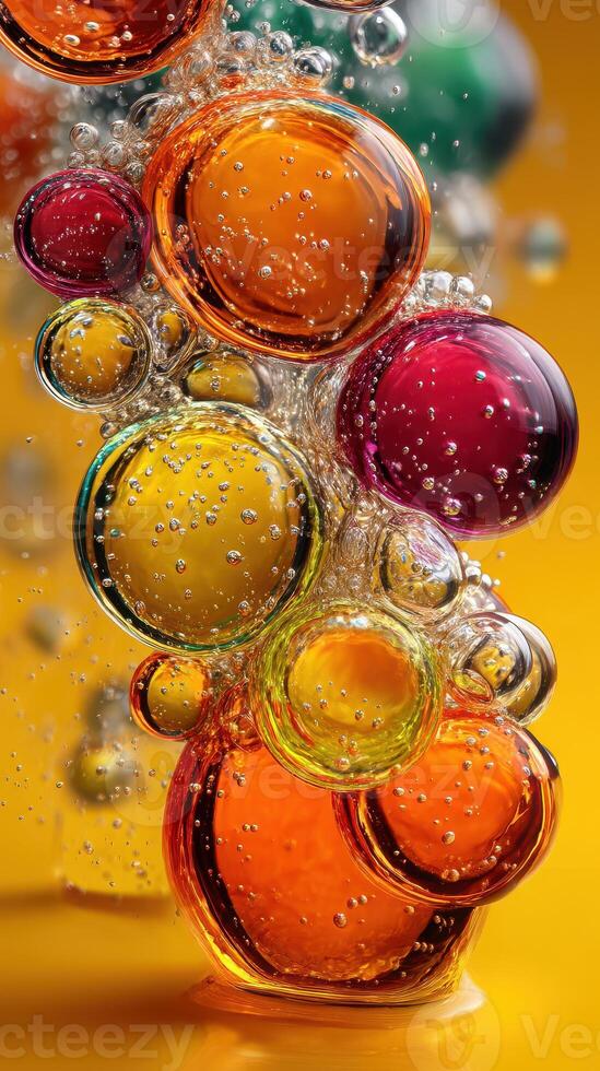Colorful bubbles suspended in clear liquid create a vibrant display on a bright yellow background with a sense of dynamic motion photo