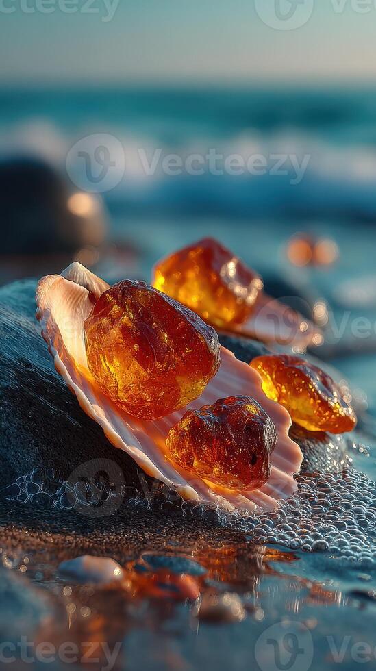 Beautiful amber stones placed on a seashell at the beach during sunset near the water's edge photo
