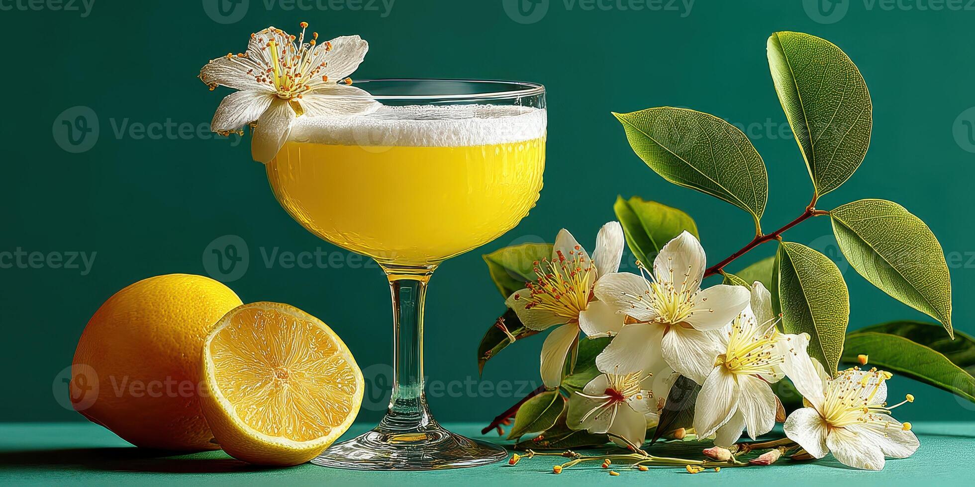 Refreshing yellow cocktail with citrus and flowers on green background brings a vibrant touch to summer gatherings photo