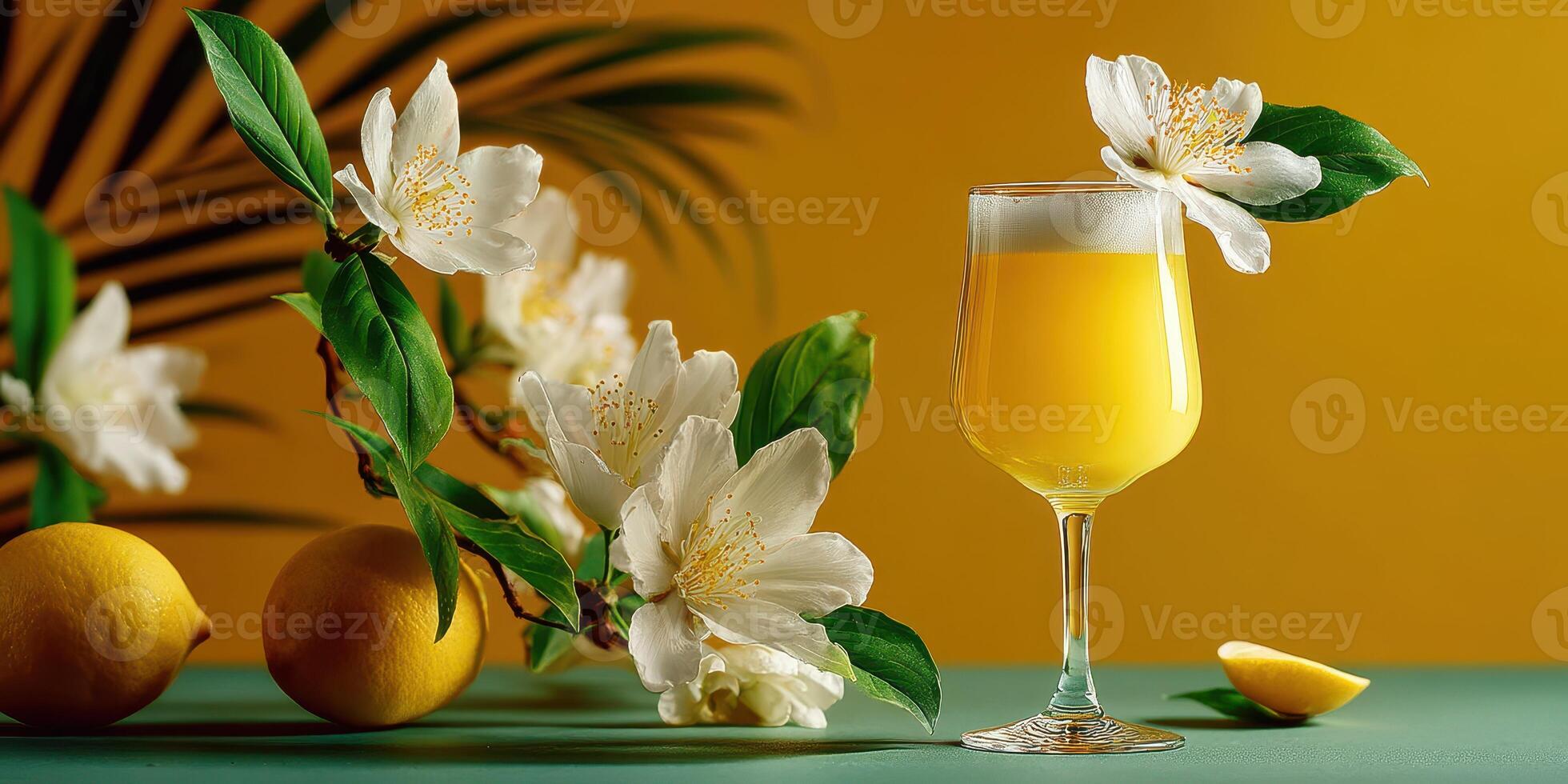 Bright yellow cocktail garnished with a flower and lemons on a colorful surface with green and yellow tones photo