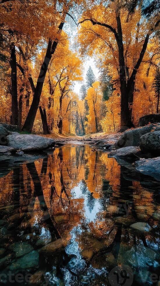 Autumn forest landscape with a tranquil river reflecting vibrant orange and yellow foliage in a serene natural setting photo