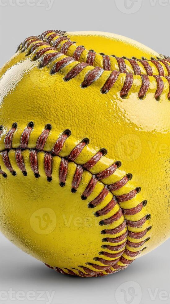Bright yellow softball with detailed stitching on a gray background highlighting its texture and shape photo