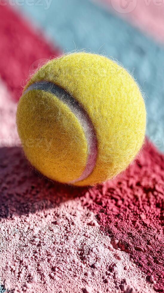 Yellow tennis ball resting on a red and blue court surface during a sunny day photo
