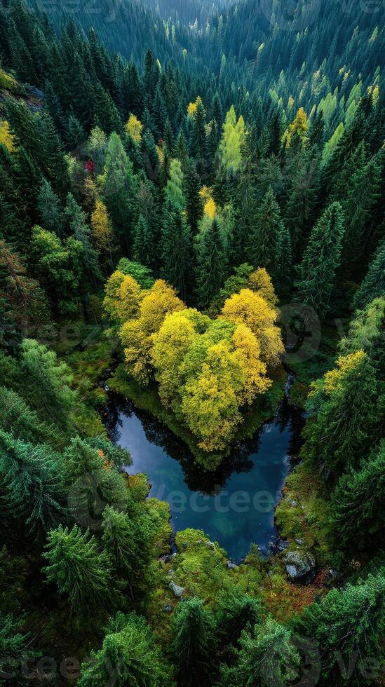 Heart-shaped grove surrounded by lush forest at sunrise in tranquil nature setting photo