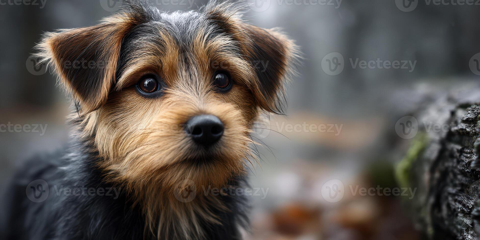 Curious puppy exploring a forested area during a cool autumn day photo
