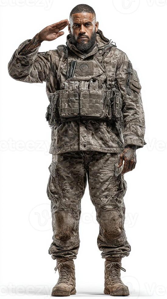 Military personnel saluting while wearing camouflage uniform and tactical gear in a studio setting photo