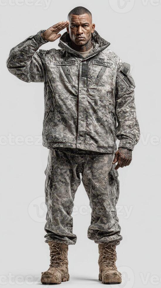 Military personnel in camouflage uniform saluting during training exercise in military base photo