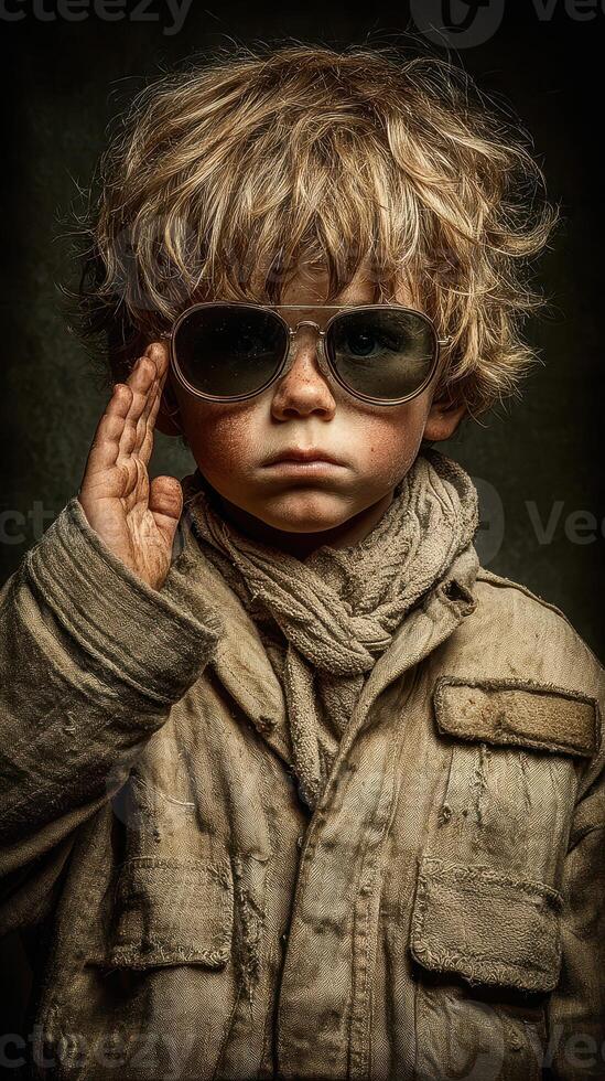 Young child in worn-out clothing strikes a confident pose wearing sunglasses in a dark background setting photo
