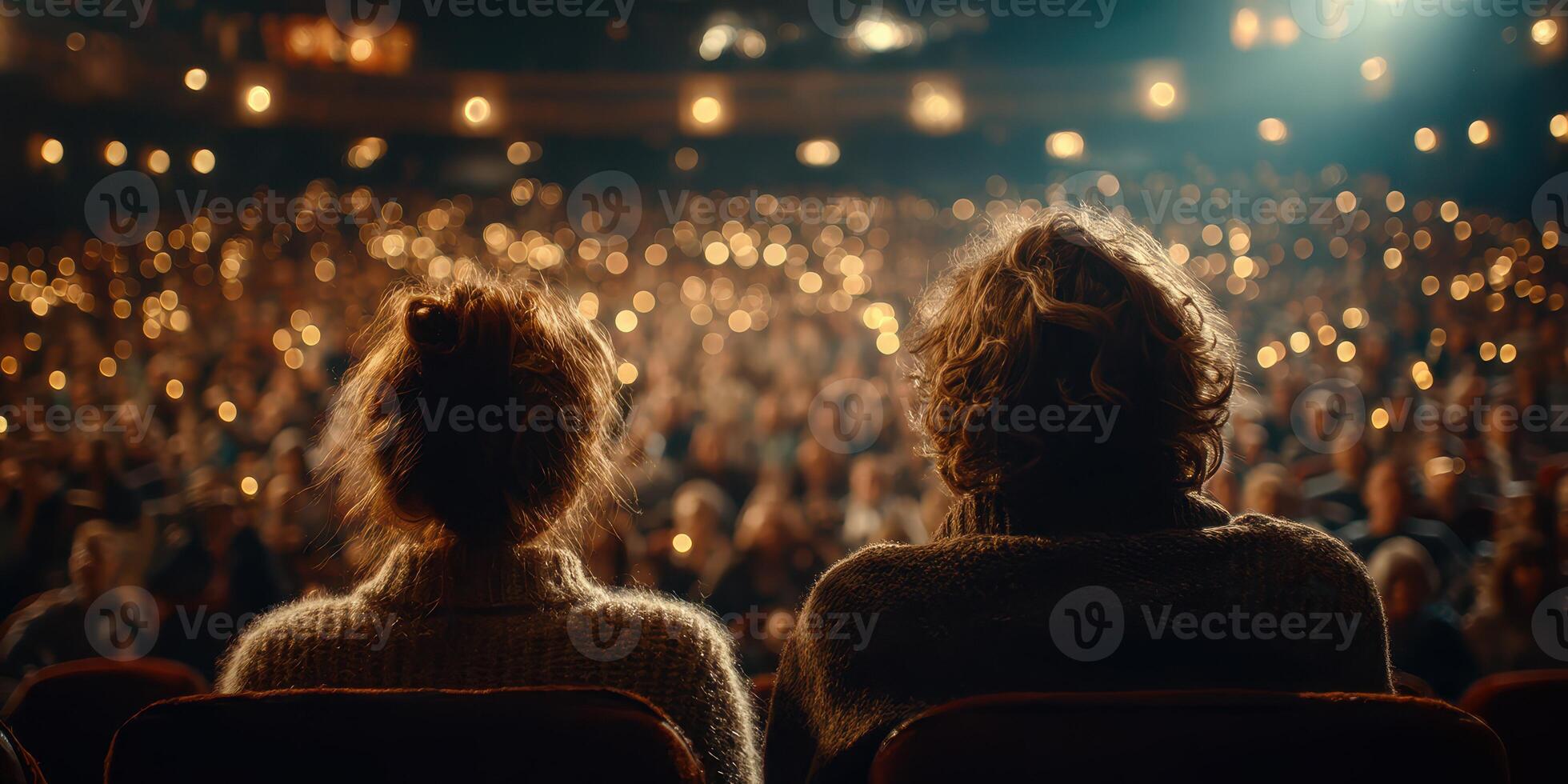 Audience members enjoying a candlelit performance in a large theater during an evening event photo