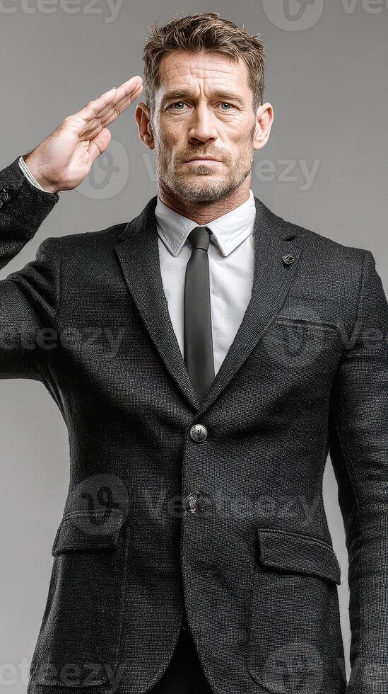 Suit-clad man saluting with confidence in a neutral backdrop, showcasing professionalism and respect photo