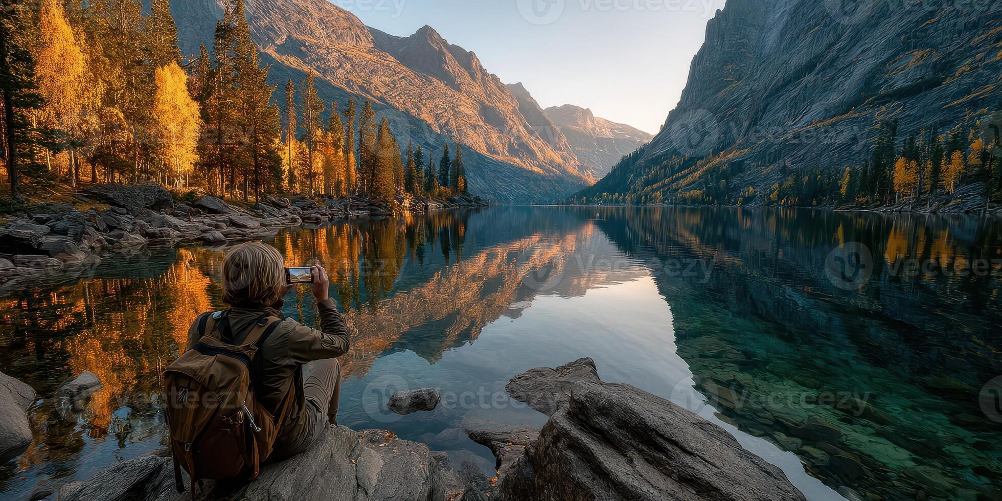 Capturing the tranquility of a serene lake surrounded by mountains at sunrise in autumn foliage photo