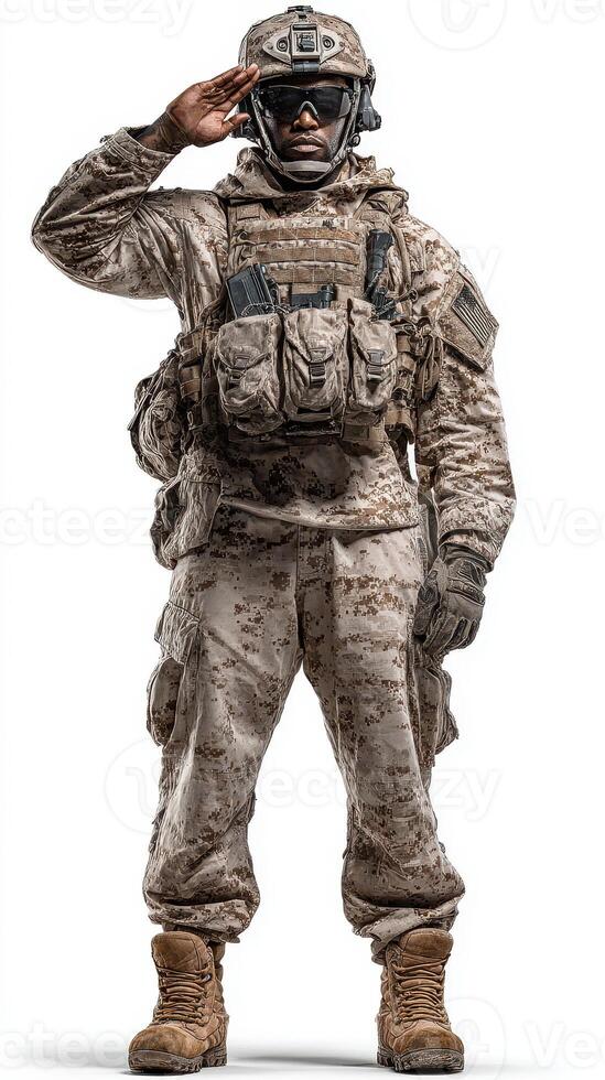 Military personnel saluting while wearing tactical gear and goggles in a studio setting during daylight photo