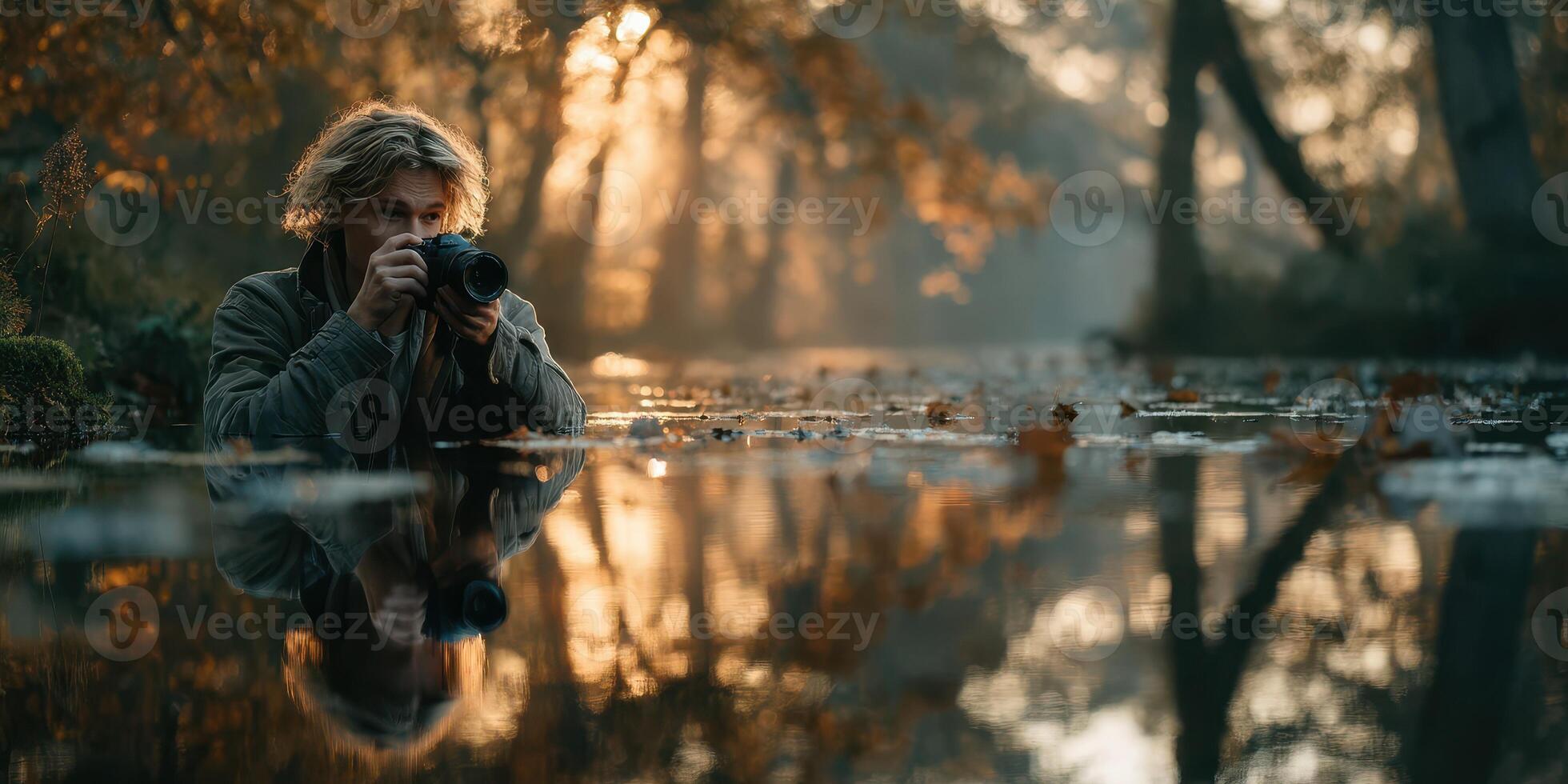 Photographer capturing nature reflection at tranquil lake during golden hour with trees in autumn foliage photo