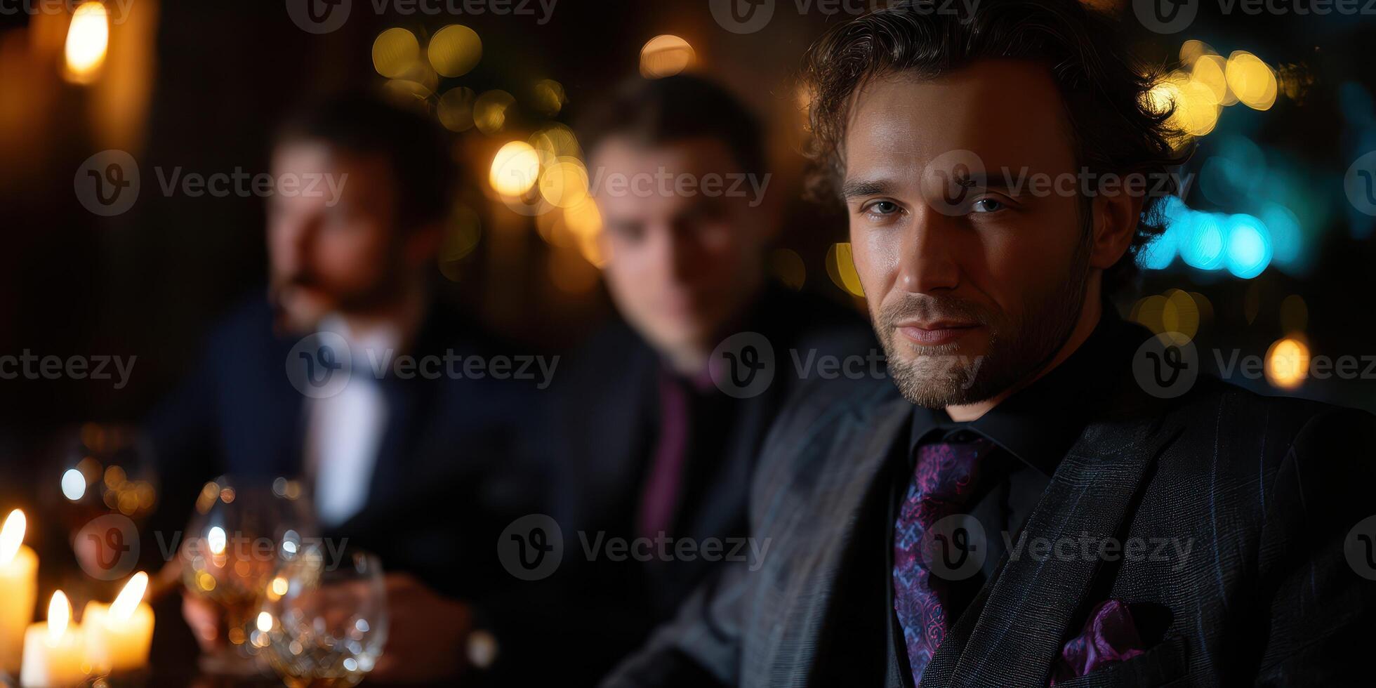 Sophisticated gathering of well-dressed men enjoying drinks at a candlelit evening gathering in a cozy lounge atmosphere photo