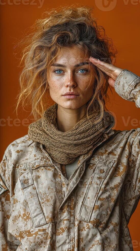 Young woman in military attire saluting against a vibrant orange backdrop photo