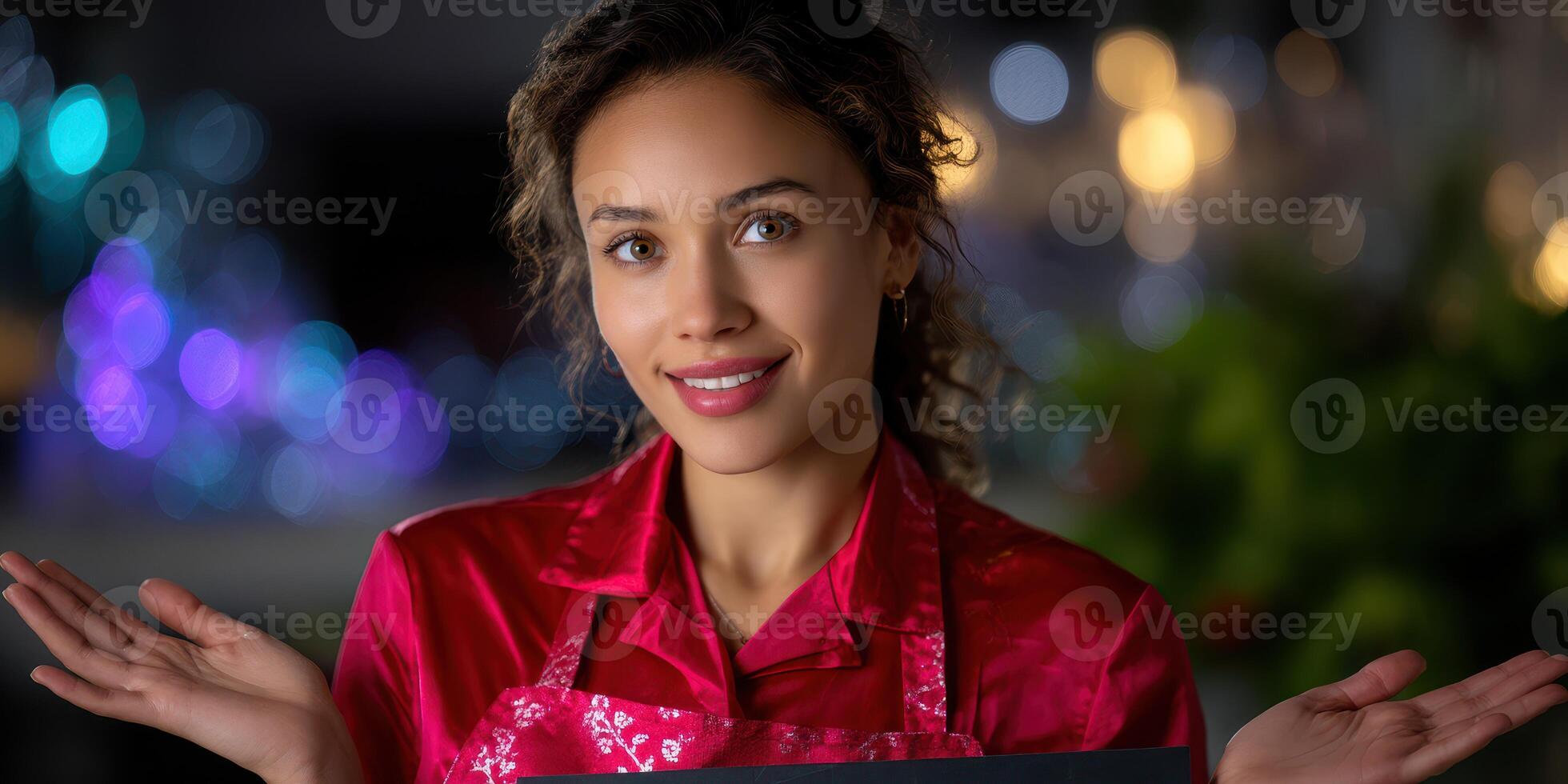 Friendly chef advising customers while preparing meals in a lively restaurant during an evening service photo