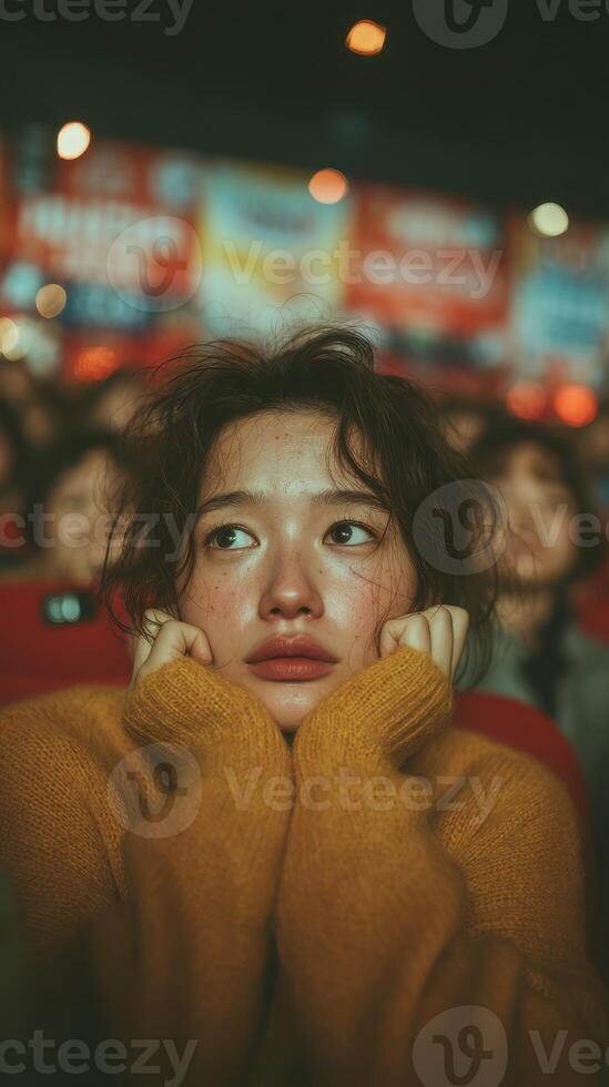 Young woman in yellow sweater watches movie with intense expression in crowded theater during evening screening photo