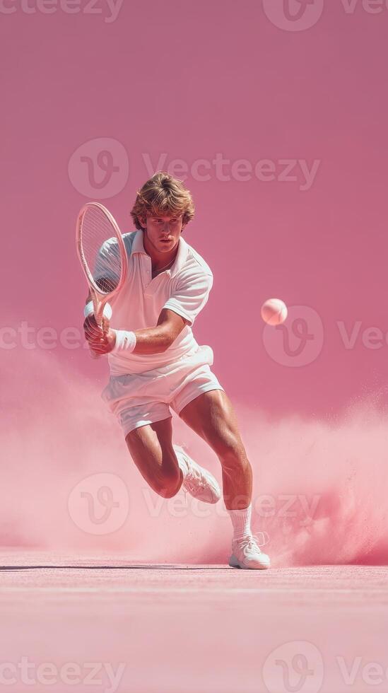 Tennis player in action on pink court with dynamic movement and intense focus during a match photo