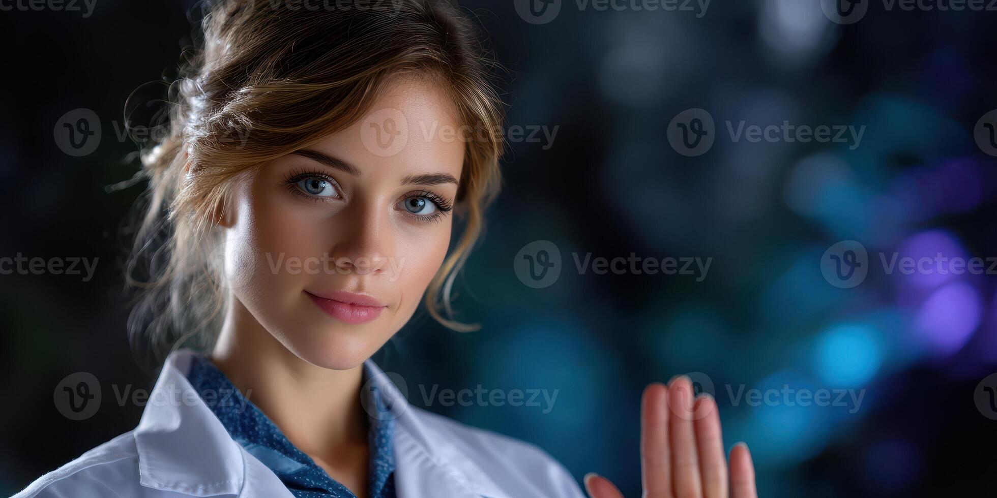 Skilled professional in lab coat gestures confidently in a research environment with colorful backdrop photo
