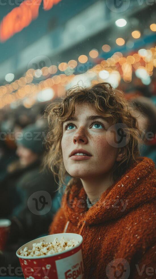 Woman enjoying popcorn while watching an event with blurred crowd and festive lights in the background photo