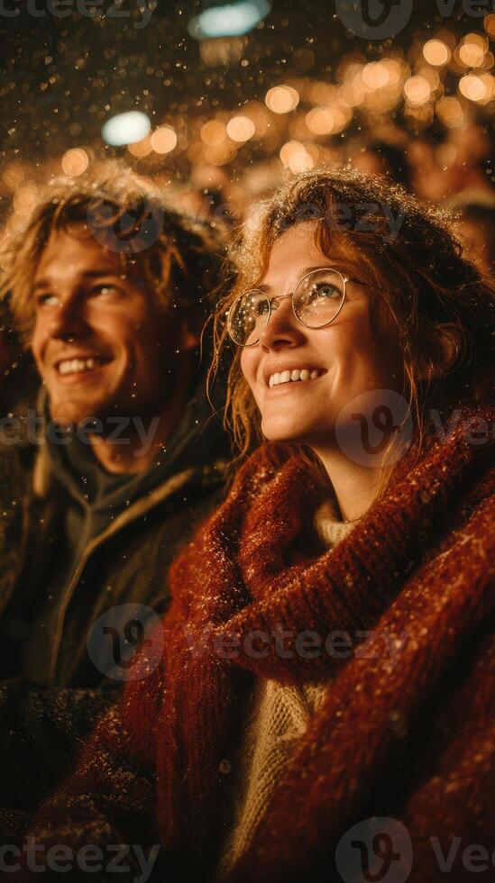 Bright smiles and joyful moments during an evening festival celebration under twinkling lights photo