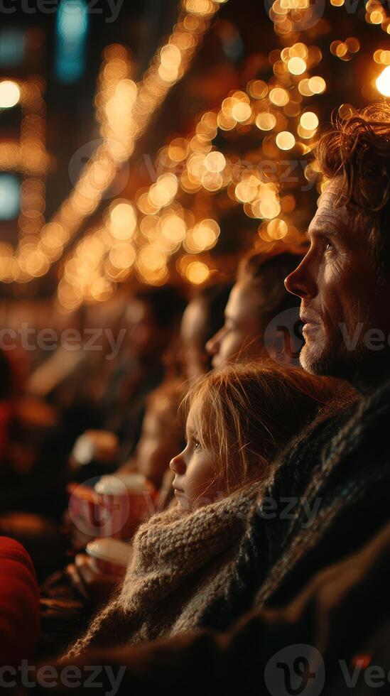 Family enjoys a festive evening surrounded by warm lights during an outdoor event in the winter season photo