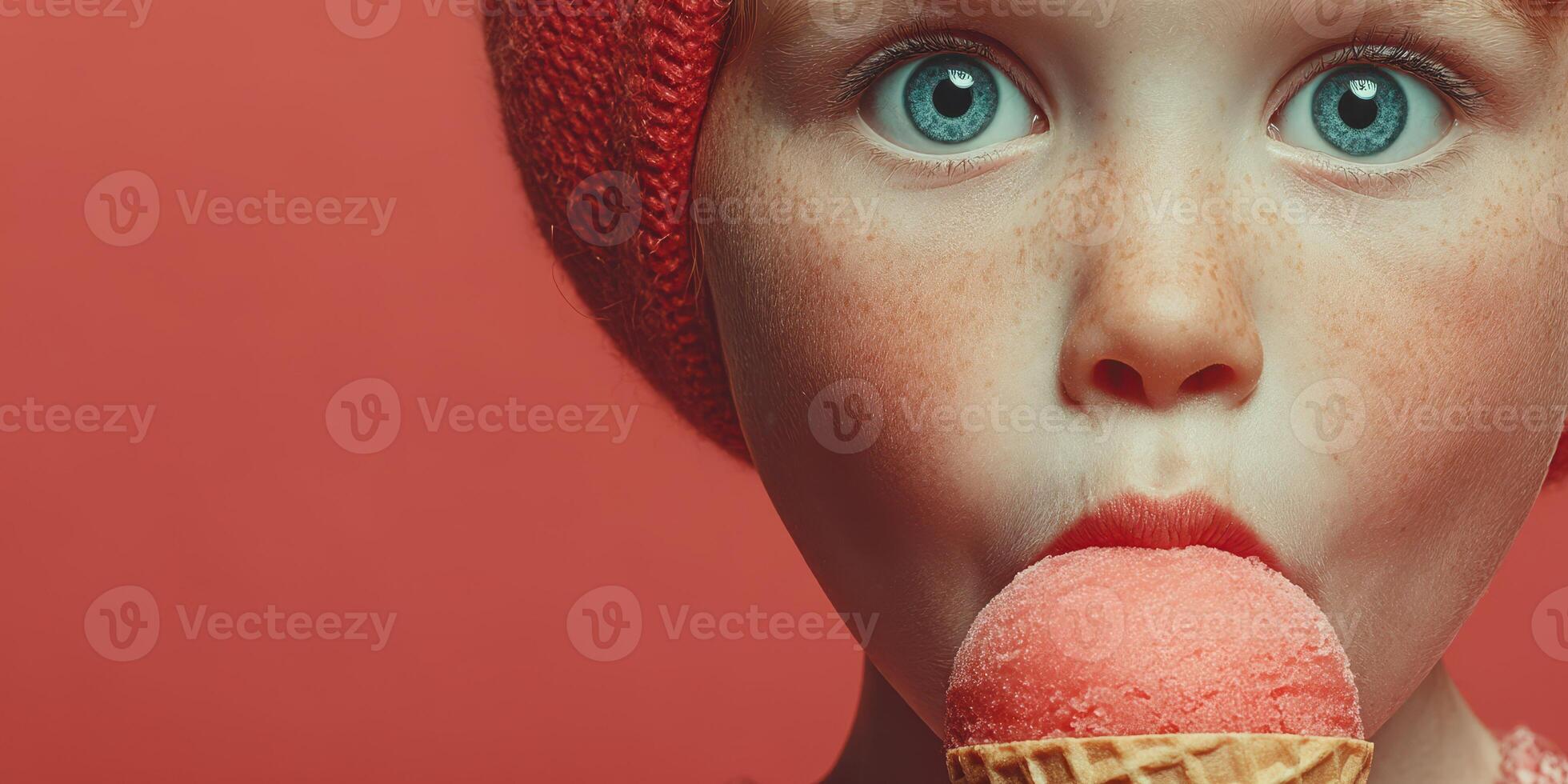 Young child enjoying a bright pink ice cream cone against a vivid red background during a playful summer afternoon photo