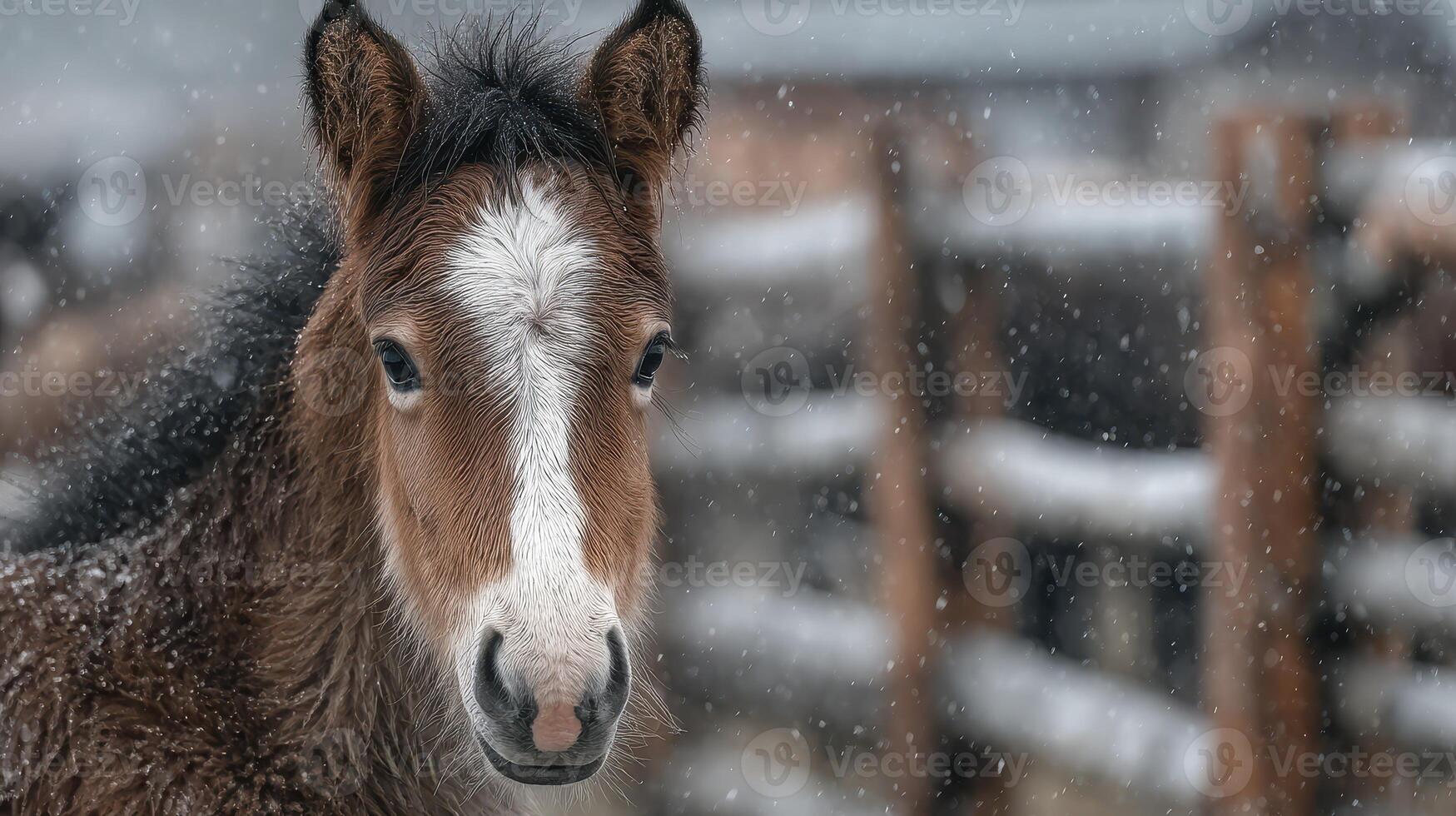 Winter wonderland with a foal in a snowy rural setting near a wooden fence during a quiet afternoon photo