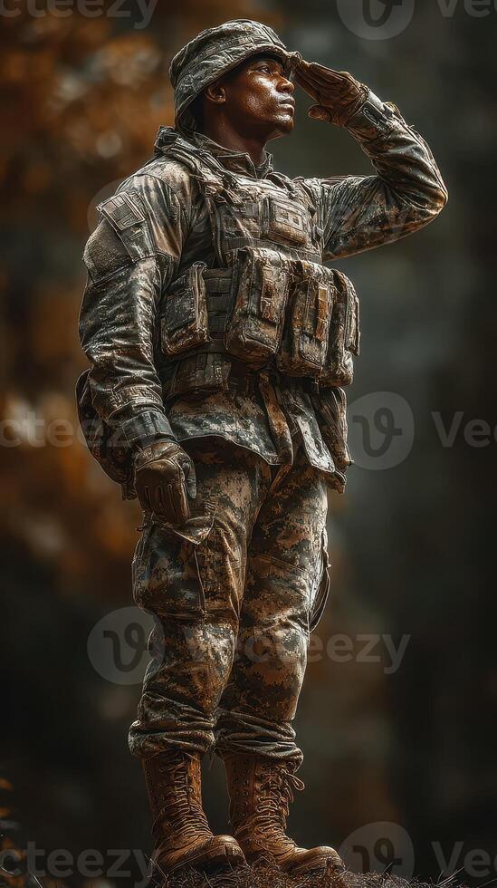 Soldier saluting in the wilderness during a training exercise in a forested area photo