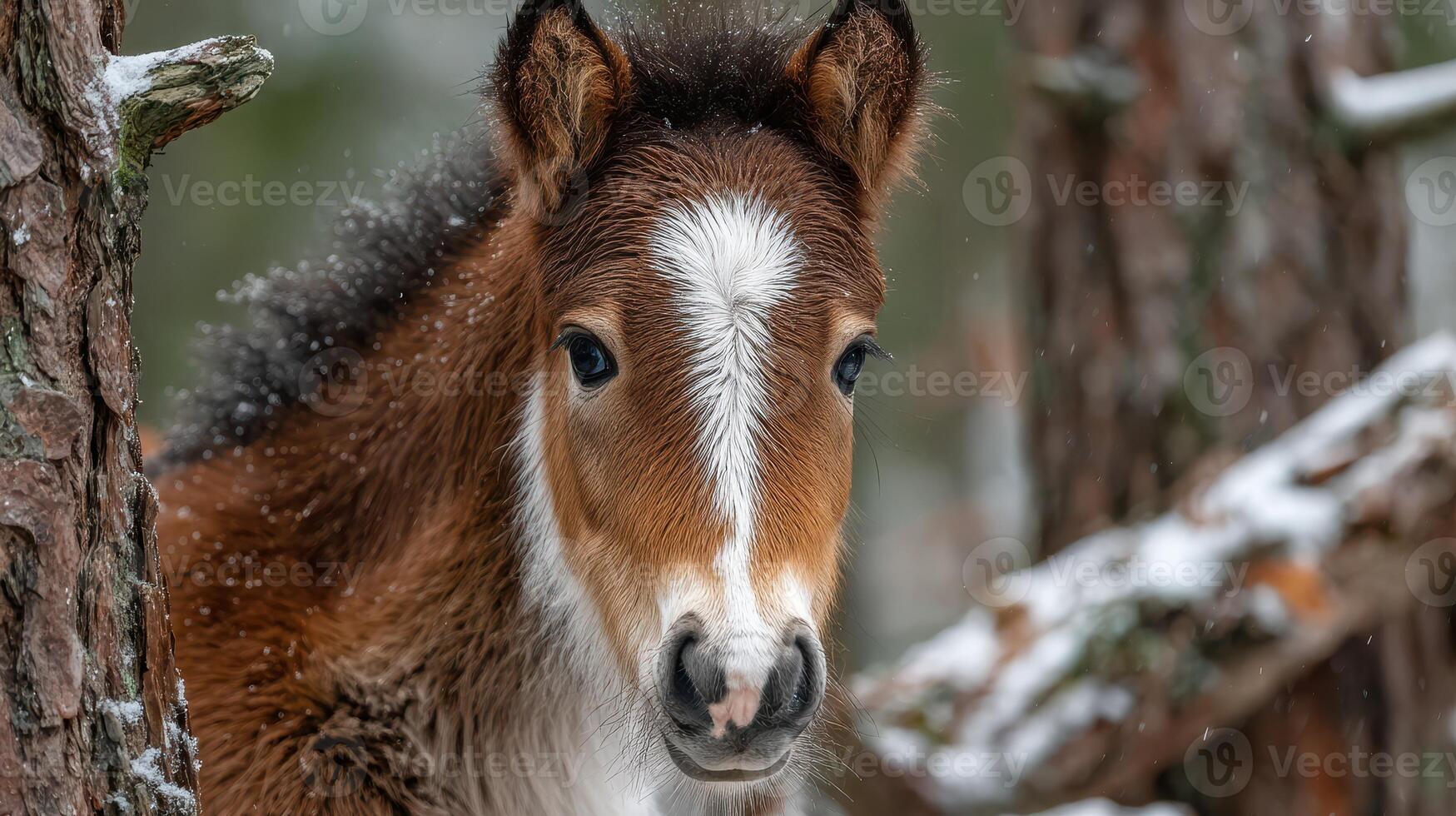 Young horse peeking out from behind snowy trees in a winter forest setting photo