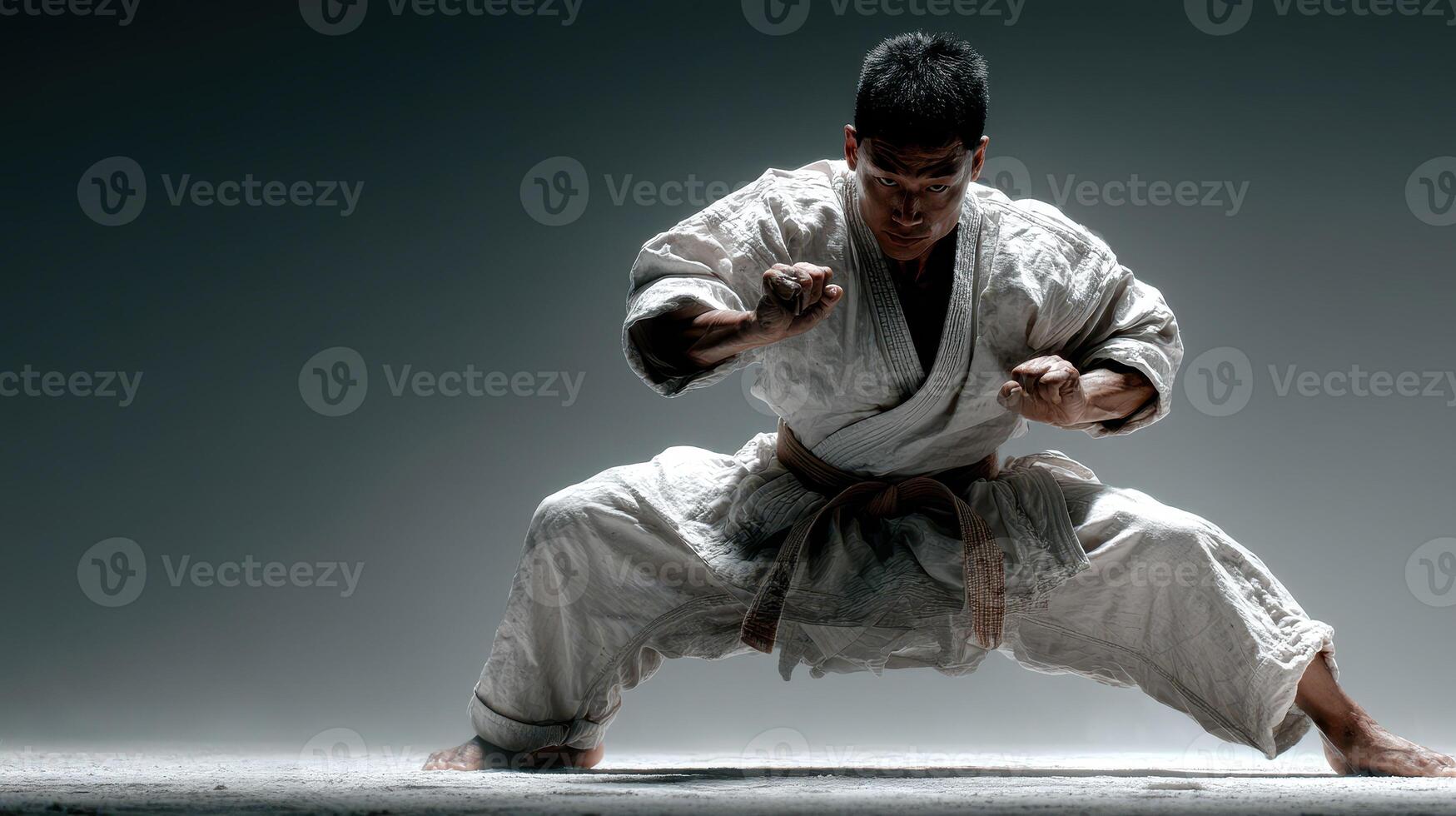 Martial artist practicing a dynamic stance in a minimalist space during an intense training session photo