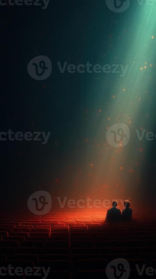 Couple enjoys a romantic moment in a dimly lit theater with soft light illuminating their surroundings photo