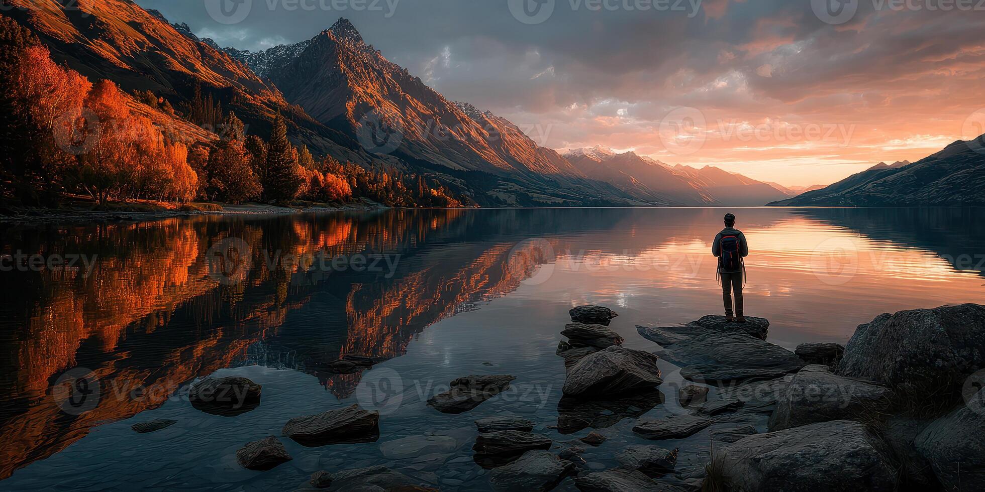 Serene sunset view of a lone hiker on the shore of a tranquil lake surrounded by autumn foliage photo