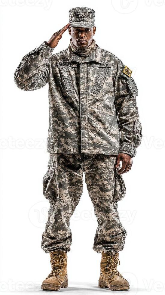 Military soldier saluting in camouflage uniform with boots during daytime photo