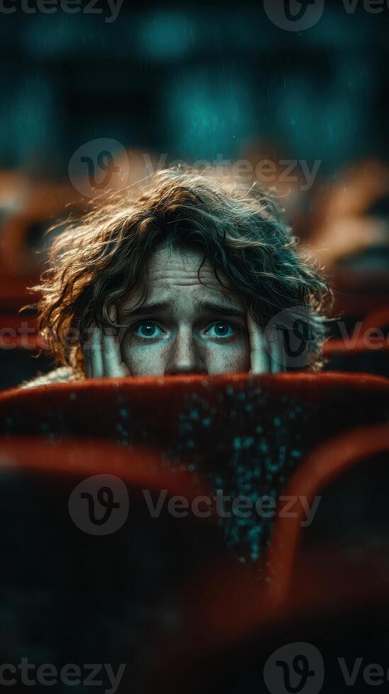 Audience member experiences intense emotion during gripping performance in a theater photo