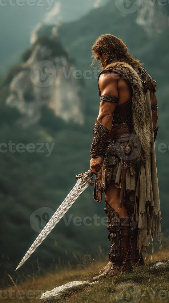 Warrior stands in a mountainous landscape holding a sword at sunset after a long battle photo