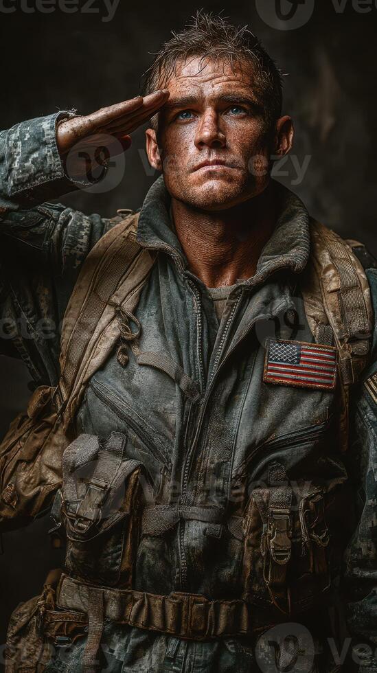 Soldier saluting in military uniform during training exercise in rugged terrain under dramatic lighting photo