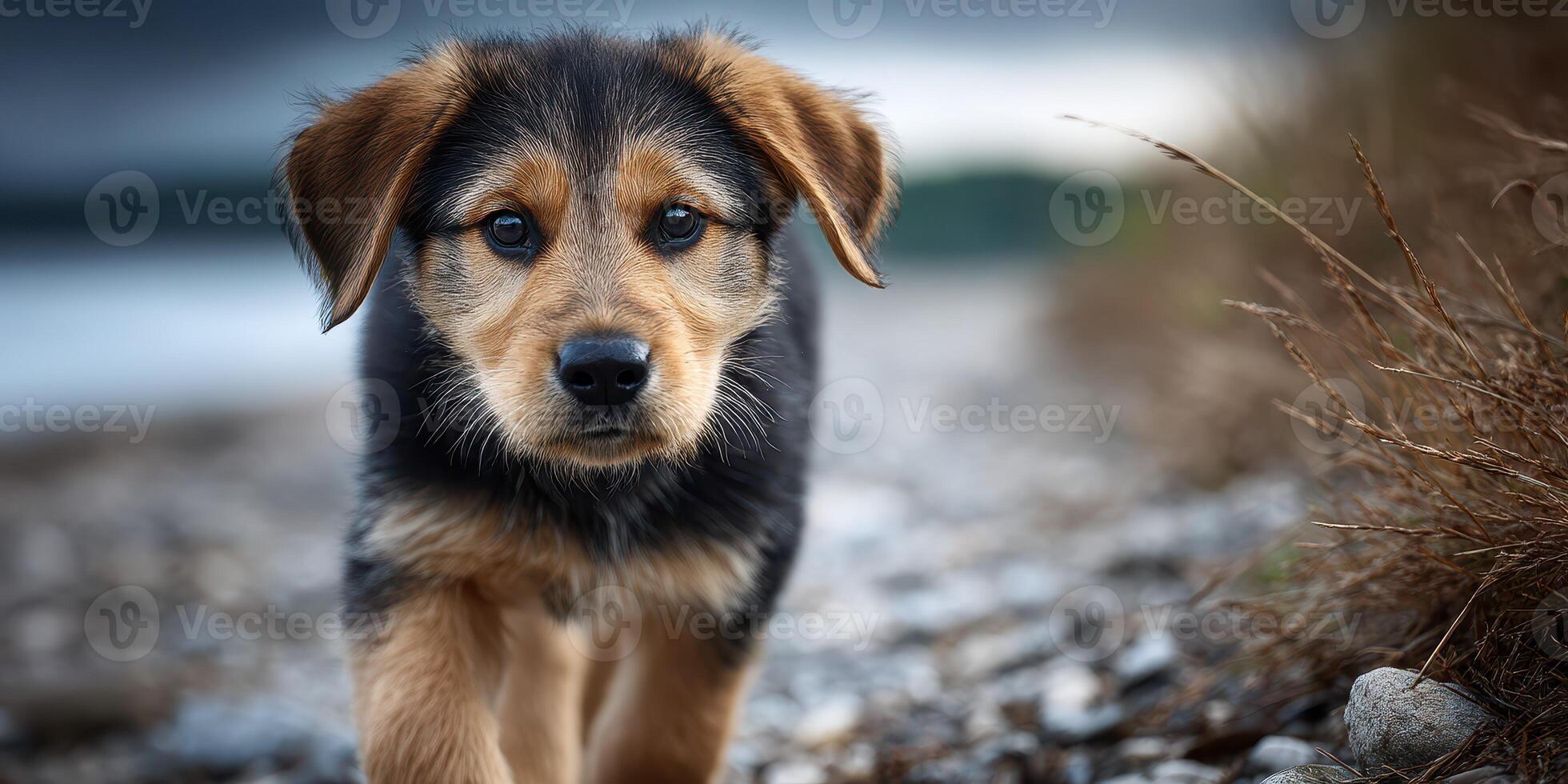 Young dog walks along a rocky shore near calm water during cloudy weather in the early evening photo
