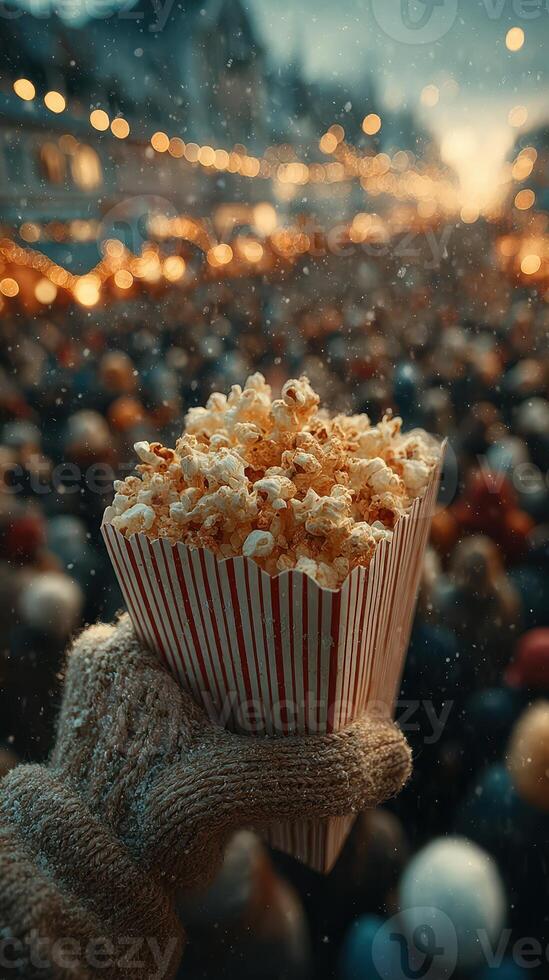 Hand holding popcorn in a festive crowd at night with glowing lights and a winter atmosphere photo