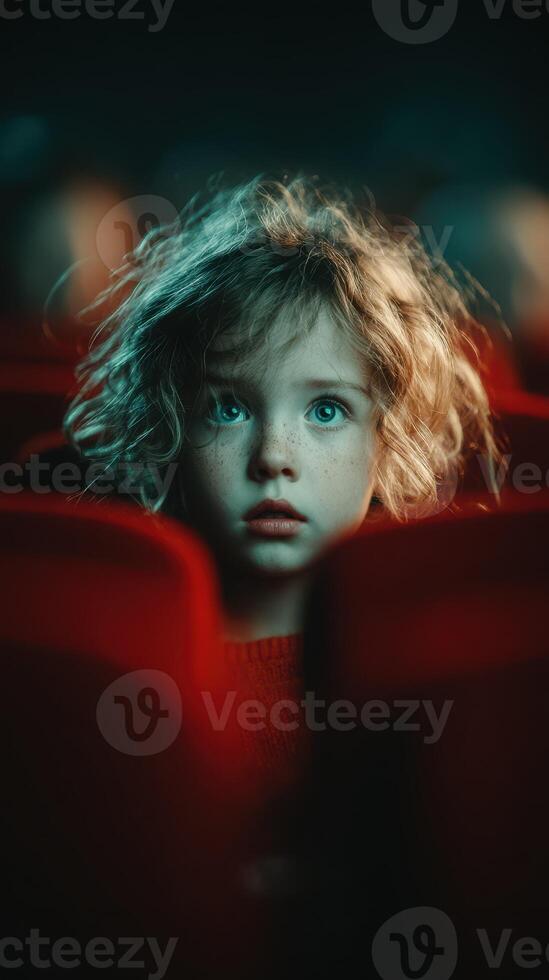 Child with curly hair watching a movie in a dark theater, captivated by the screen lights and colors photo