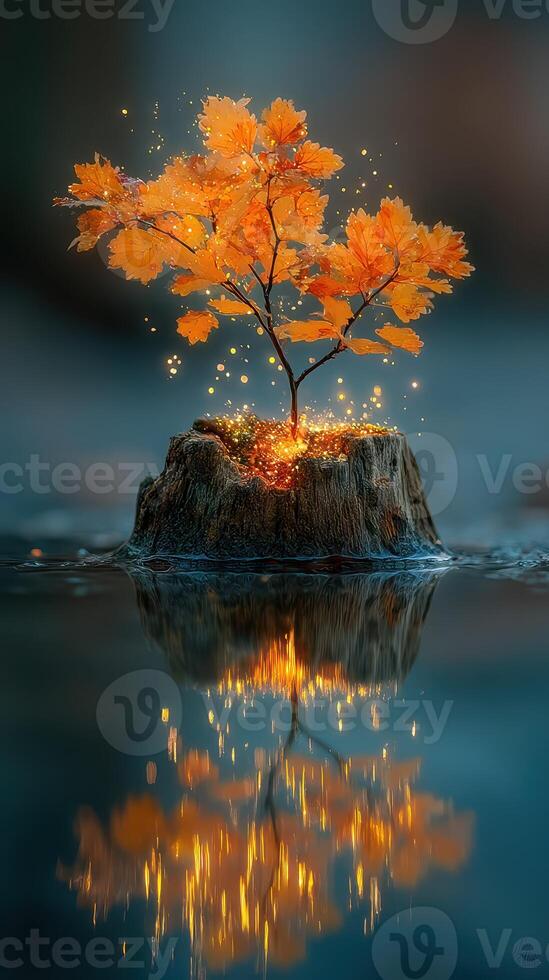 Bright orange leaves glow on a small tree growing from a tree stump surrounded by water at dusk photo