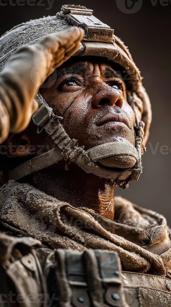 Soldier saluting under harsh conditions during a military operation in a desert environment photo