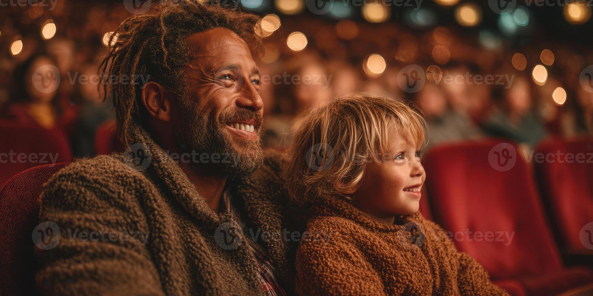 Father and child enjoy a joyful moment together while watching a performance in a cozy theater setting at night photo