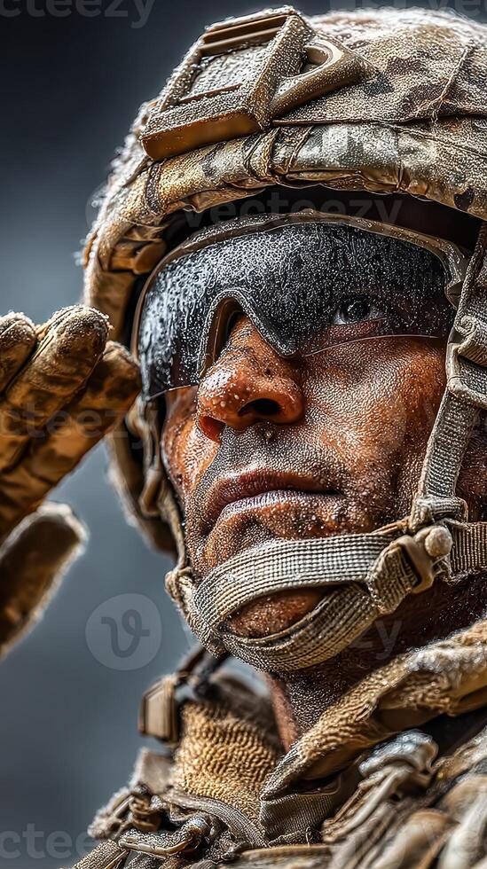 Soldier saluting with determination in a dusty environment during military training exercises photo