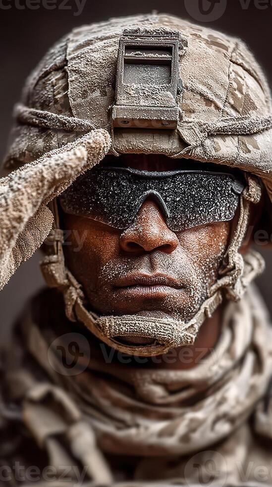Soldier in desert gear salutes with dusty uniform under harsh sunlight in a sandy environment photo