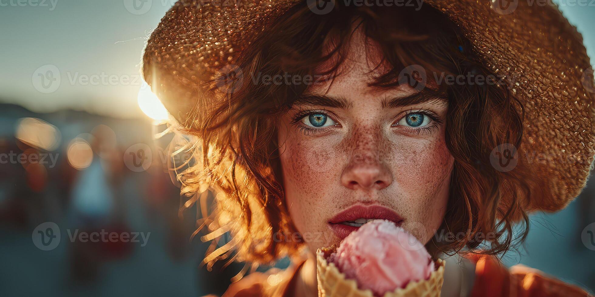 Young woman enjoying ice cream at sunset in a vibrant outdoor setting with people in the background photo