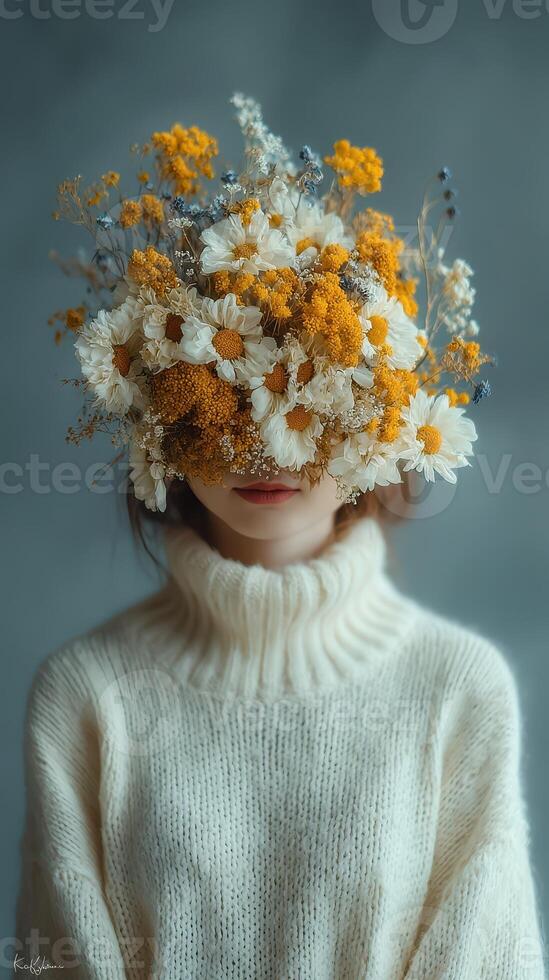 Unique floral arrangement on a person's head in a soft, artistic indoor setting during daylight photo