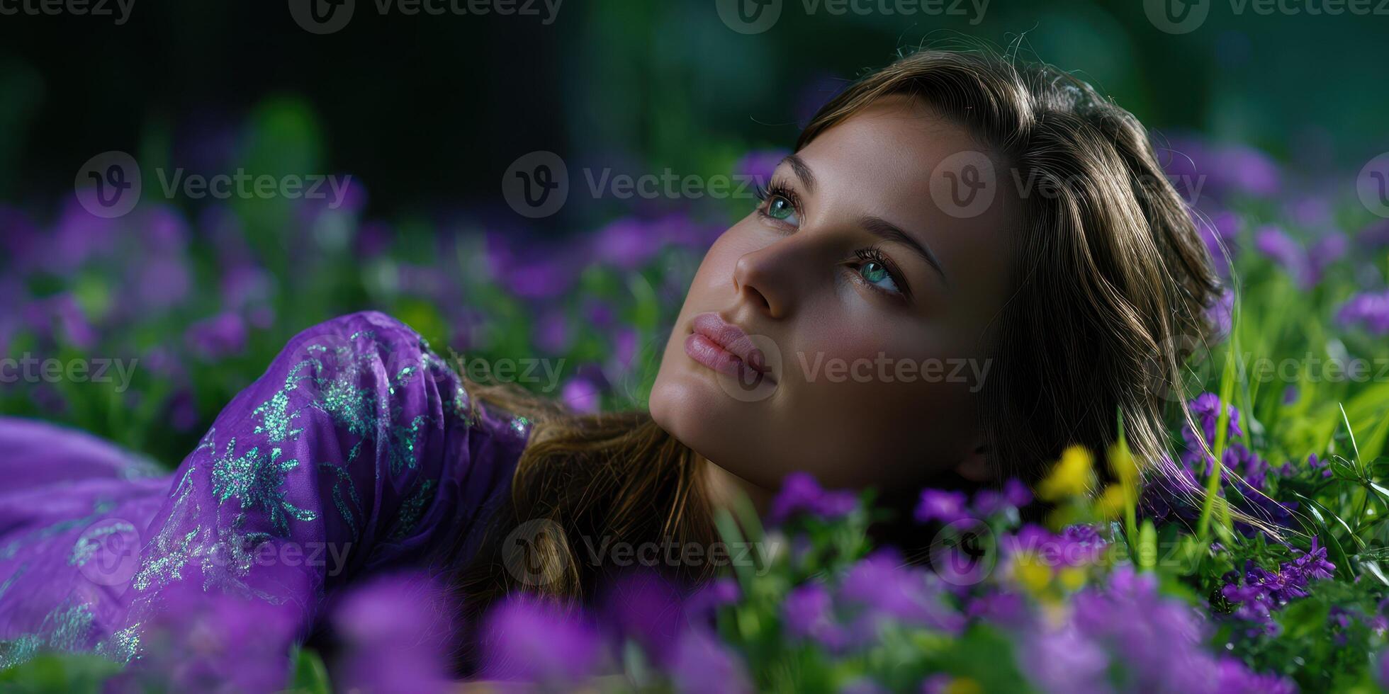 Woman in a purple dress lies among vibrant flowers in a serene garden during the day photo
