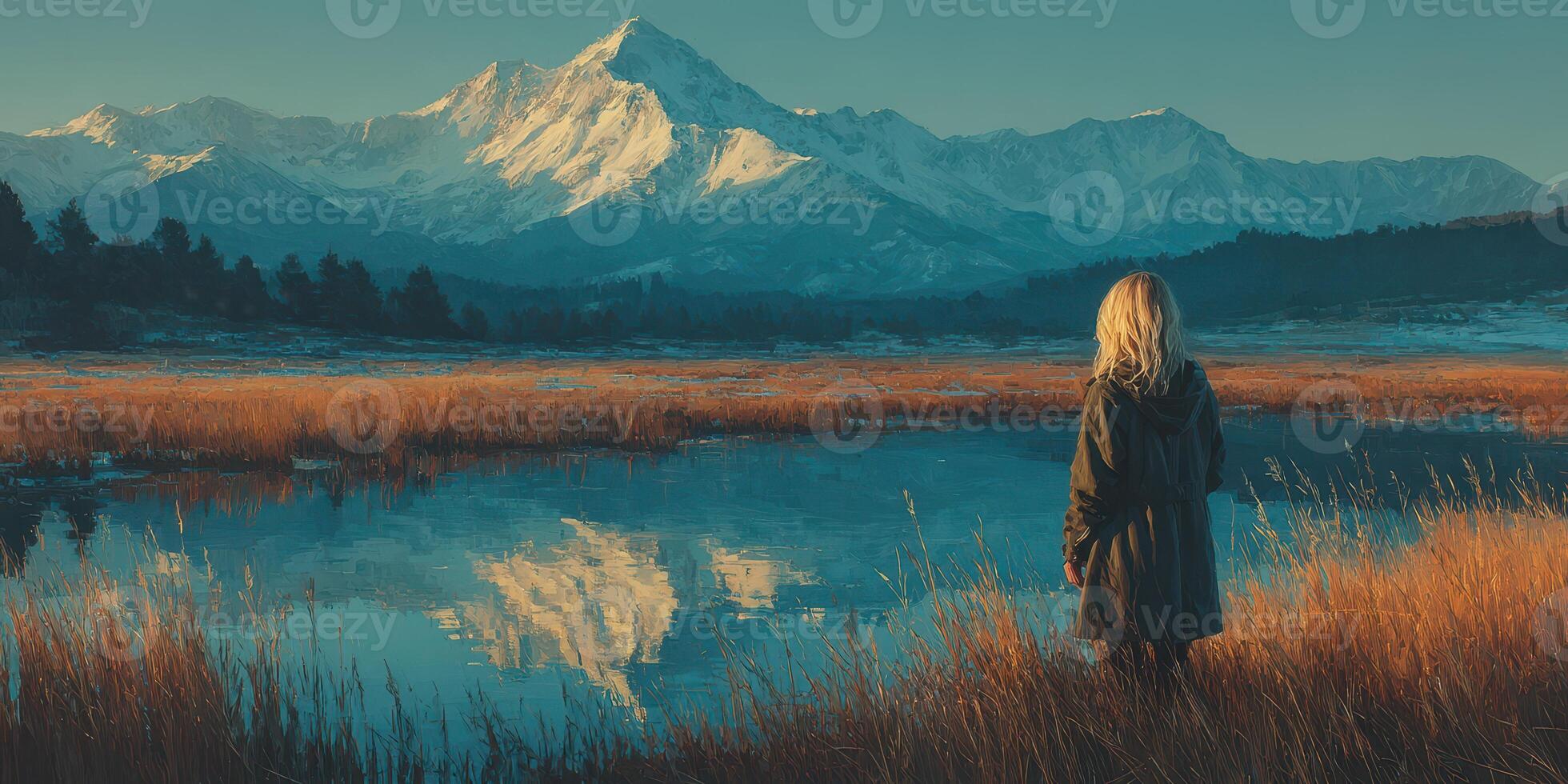 Person standing by a calm lake reflecting snow-capped mountains during golden hour in a natural landscape photo
